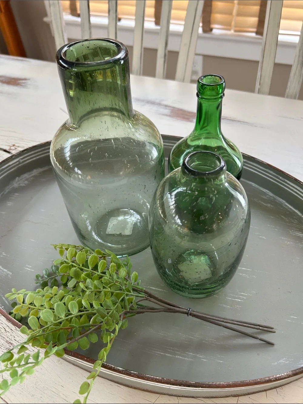 Green tabletop decor Glass vase accents shades of green Rustic modern farmhouse